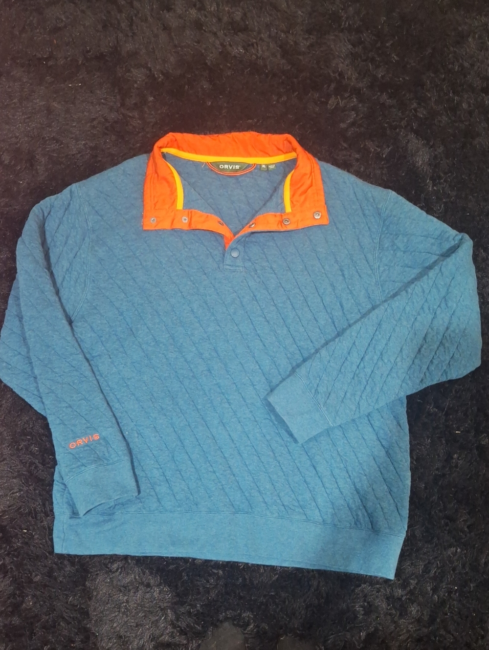 Orvis Teal Quilted Zip-Neck Sweater with Orange Trim